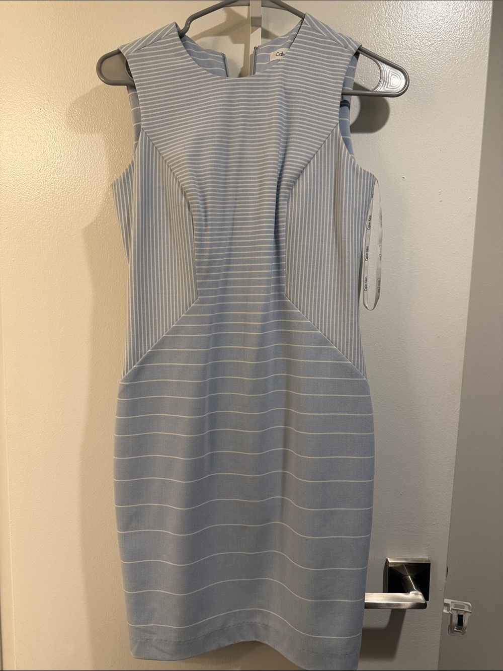 Calvin Klein Light Blue and White Striped Midi Sheath Dress